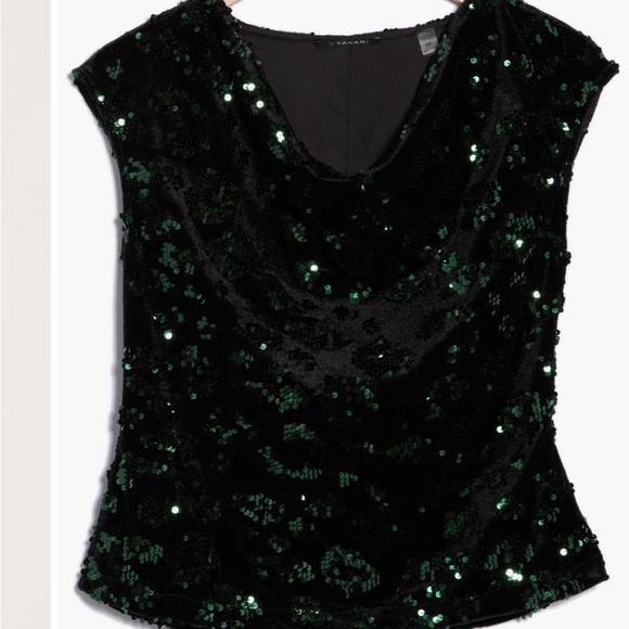 T-Tahari Elegant Sequin Black and Green Top - Cowl Neck & Cap Sleeve - Picture 2 of 4